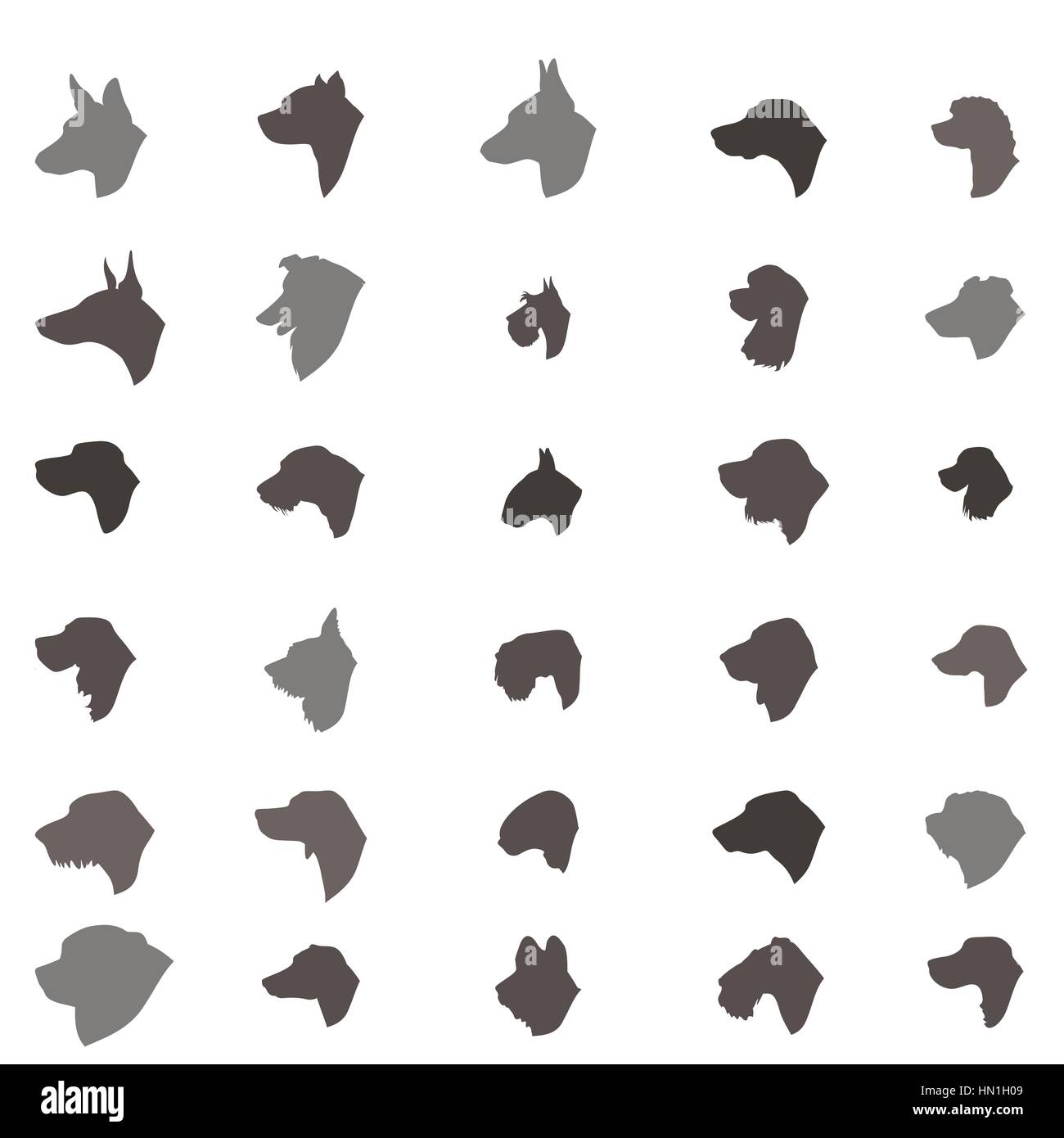 Hund Kopf silhouette Icon Set. Hunderasse. Verschiedene dos-Vektor Sammlung Haustier isoliert Abbildung Rasse Stock Vektor