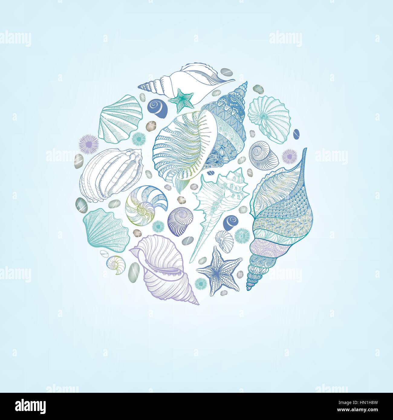 Seashell skizzieren. Sommerurlaub marine Hintergrund. Unterwasser noch leben Dekor. resort Postkarte Design. Vektor Grußkarte mit Meer-Shell Stock Vektor