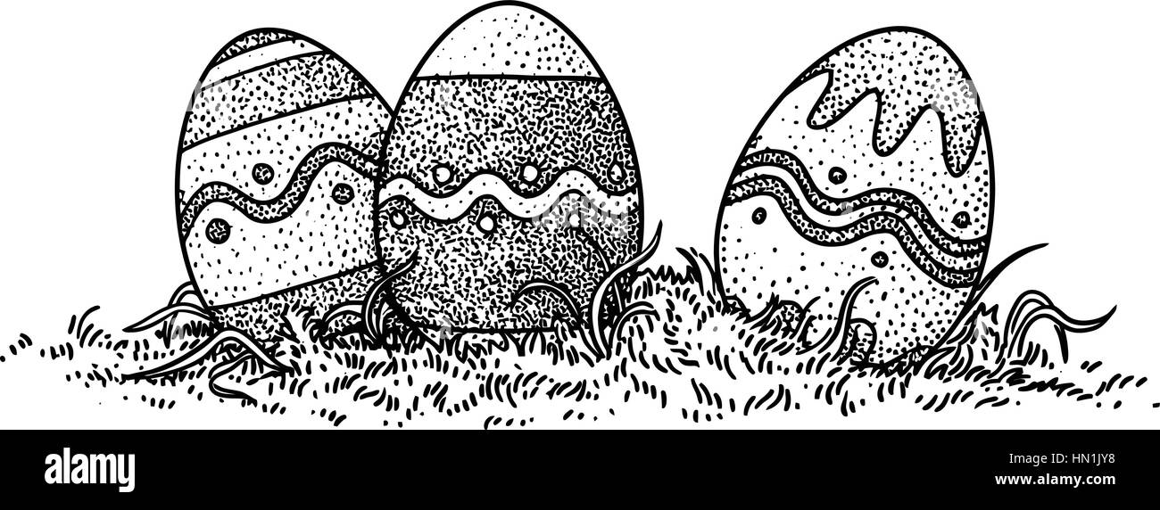 Ostereier im Rasen Illustration, Zeichnung, Gravur Stock-Vektorgrafik