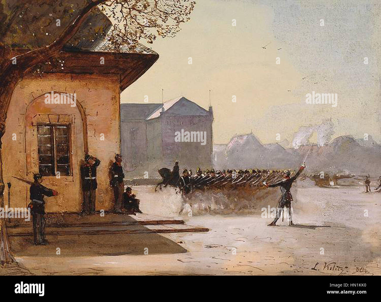 Louis Kolitzs „Hanauer Paradeplatz“ zeigt den zentralen Platz in Hanau detailliert. Das Gemälde fängt den architektonischen Stil der Gegend und die geschäftige Atmosphäre des öffentlichen Lebens im frühen 19. Jahrhundert ein. Stockfoto