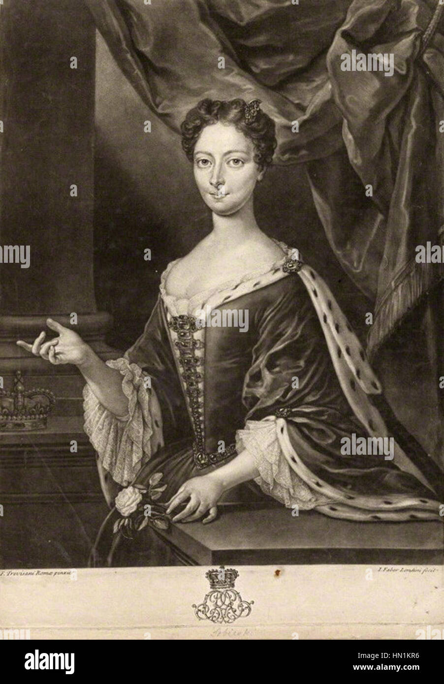 Maria Klementyna Sobieska, gemalt von Faber, wird in königlicher und würdevoller Weise dargestellt. Das Porträt zeigt ihren edlen Status und ihre Eleganz und betont die feinen Details ihrer Kleidung und königlichen Haltung. Stockfoto Maria Klementyna Sobieska, gemalt von Faber, wird in königlicher und würdevoller Weise dargestellt. Das Porträt zeigt ihren edlen Status und ihre Eleganz und betont die feinen Details ihrer Kleidung und königlichen Haltung. Stockfoto