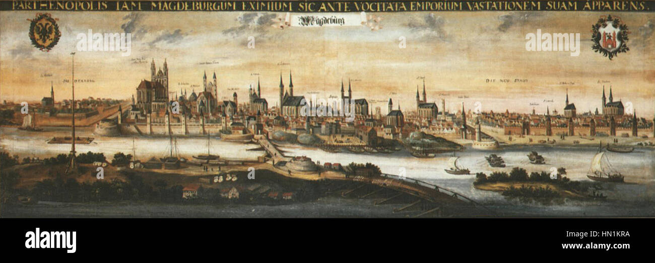 „Magdeburg um 1600“ bezieht sich auf historische Szenen oder Kunstwerke aus der Stadt Magdeburg um das Jahr 1600. Diese Periode spiegelt die frühe Neuzeit wider, wobei der Schwerpunkt auf kulturellen, politischen und architektonischen Entwicklungen liegt und das Wesen der Bedeutung der Stadt während der Spätrenaissance und des Frühbarock erfasst. Stockfoto