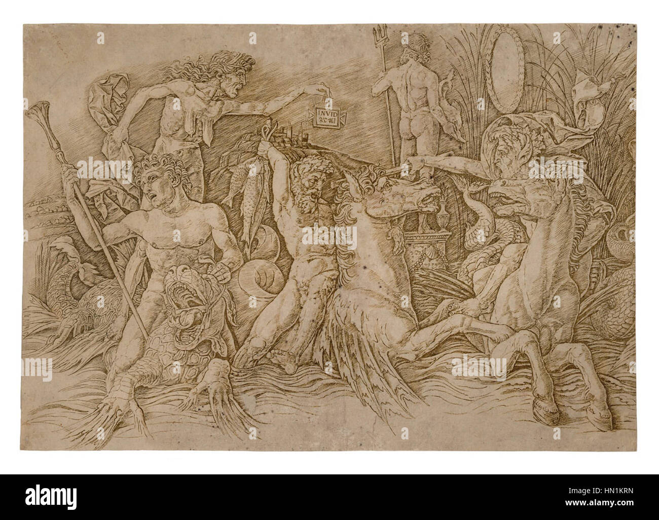 Mantegnas „Combat des Dieux marins“ zeigt eine mythologische Schlacht zwischen Meeresgöttern und zeigt sein Können in der Wiedergabe dynamischer Kompositionen und komplexer Figuren, die für seinen Stil der Spätrenaissance charakteristisch sind. Stockfoto