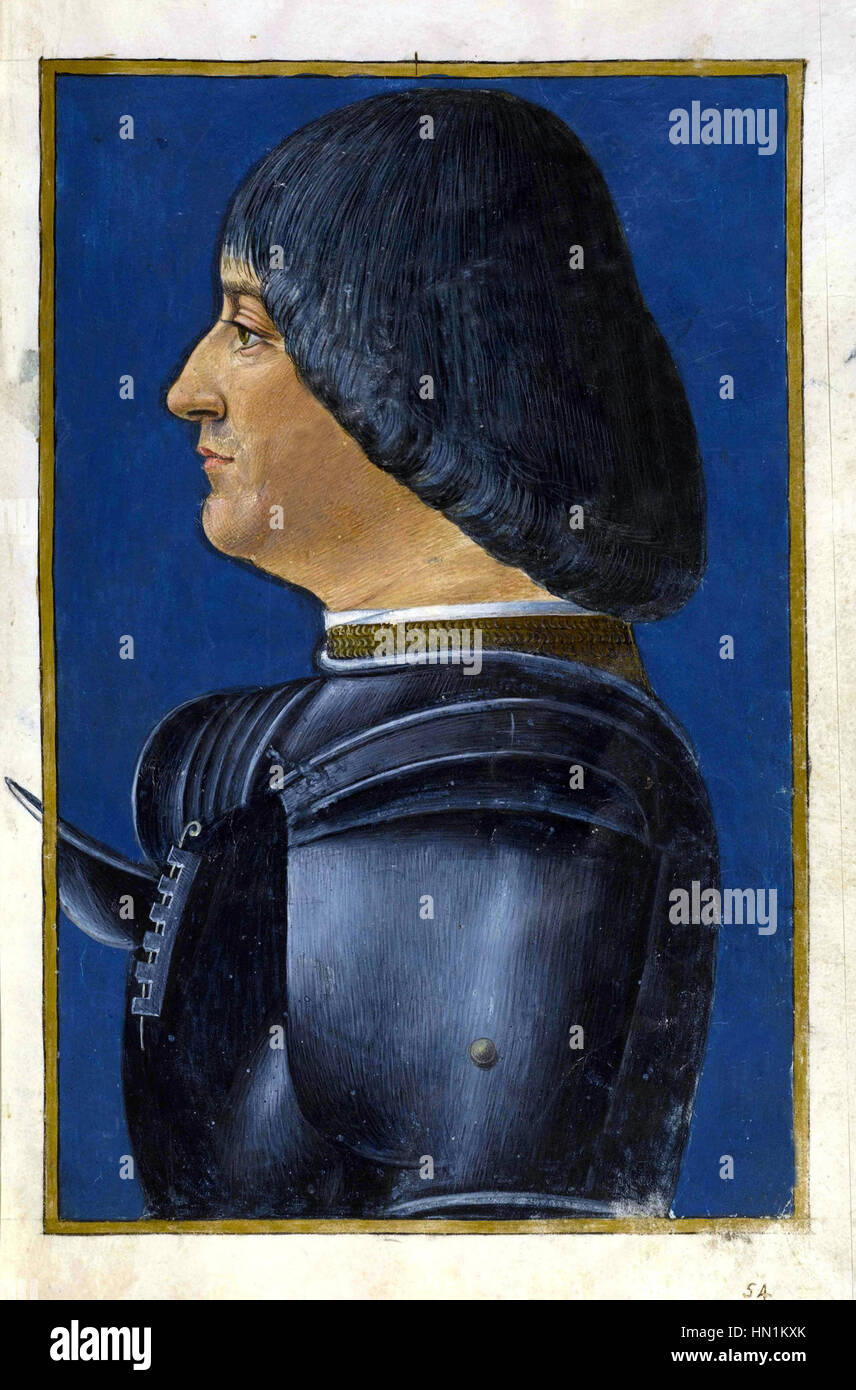Das Werk zeigt Ludovico Sforza, Herzog von Mailand, in einem Porträt, das G.A. de Predis und Donatus Grammatica zugeschrieben wird. Es wird angenommen, dass es für moderne Zwecke digital verändert oder „fotoshopping“ wurde und eine historische Figur in einem zeitgenössischen Stil darstellt. Stockfoto