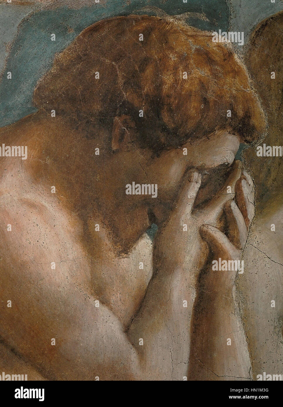 Masaccios Fresken * Kopf des Adams* und * Vertreibung aus dem Garten Eden* in der Brancacci Kapelle zeigen die biblische Geschichte von Adams und Evas Verbannung aus Eden. Masaccios bahnbrechende Verwendung von Perspektive und menschlicher Emotionen zeigt sich in diesen Arbeiten. Stockfoto
