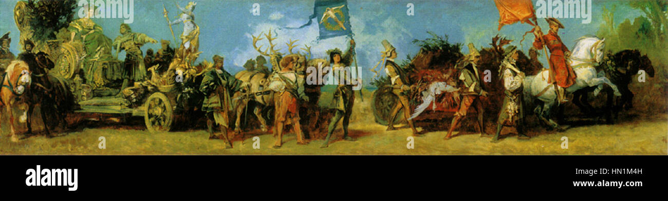 „Der Jubiläumszug 1 Festwagen der Jagd“ von Hans Makart ist ein großes, detailliertes Gemälde, das einen Festzug mit einem Jagdwagen darstellt. Er zeigt Makarts Beherrschung der Extravaganz im Barockstil und seine Liebe zu Opulenz und Detail und feiert die Jagdtraditionen im Europa des 19. Jahrhunderts. Stockfoto