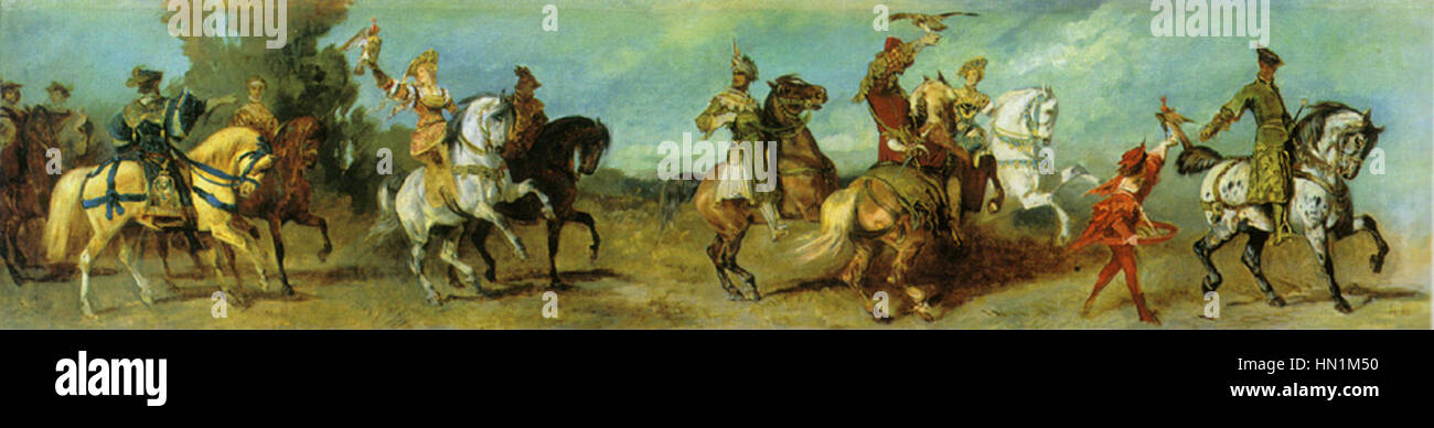 „Die Falkenjagd“ von Hans Makart zeigt eine historische Falknerei-Szene. Das Kunstwerk fängt die Präzision und Eleganz der Falknerei als königliche Verfolgungsjagd in einer detaillierten, feierlichen Prozession ein. Stockfoto