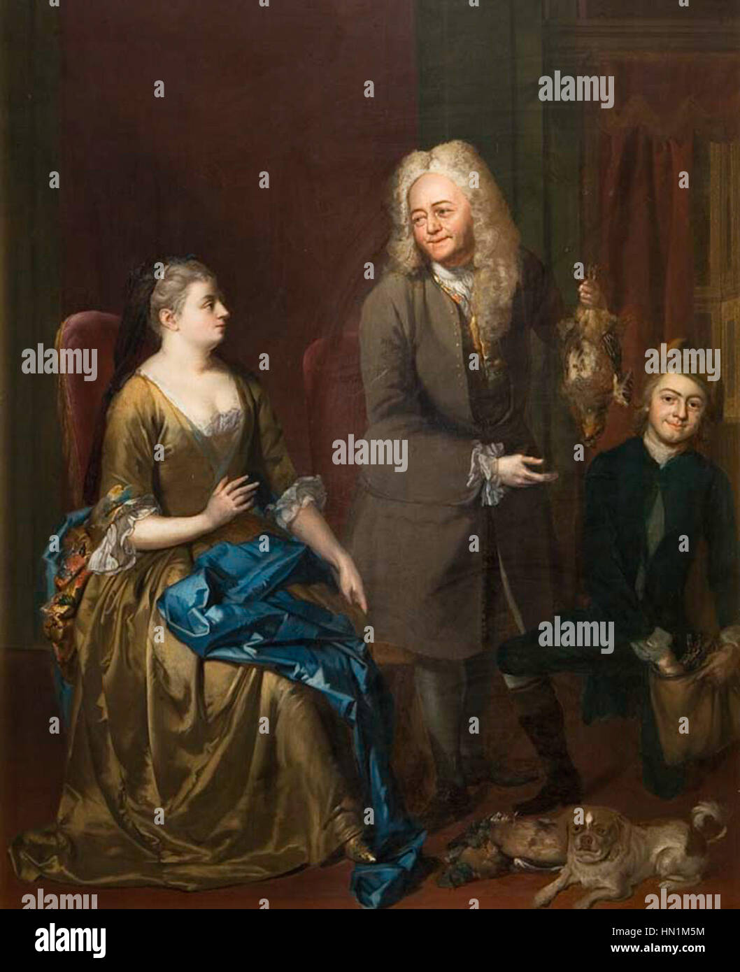 *Nach der Jagd* ist ein Gemälde aus dem 18. Jahrhundert, das einen Moment nach einer erfolgreichen Jagd darstellt. Die Szene zeigt typischerweise Jäger, ihre Hunde und Wildtiere und spiegelt die Themen Freizeit und aristokratische Freizeitbeschäftigung im 18. Jahrhundert wider. Stockfoto