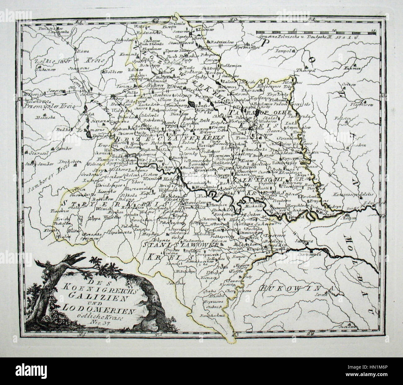 Diese Karte wurde 1791 von Reilly erstellt und zeigt die Region Galicien in Osteuropa. Sie bietet einen detaillierten Überblick über die geographischen Grenzen und Siedlungen des späten 18. Jahrhunderts. Die Karte spiegelt die politische und territoriale Organisation Galiciens zu dieser Zeit wider und bietet Einblicke in die Grenzen und wichtigsten Orte Galiciens. Stockfoto