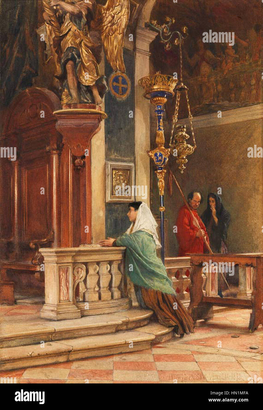Ludwig Passinis „Betende in einer venezianischen Kirche“ aus dem Jahr 1873 zeigt das ruhige Innere einer venezianischen Kirche mit Gebetsfiguren. Das Werk spiegelt die Faszination des 19. Jahrhunderts für religiöse Szenen und venezianische Architektur wider, wobei Licht und Atmosphäre in zarter Weise berücksichtigt werden. Stockfoto