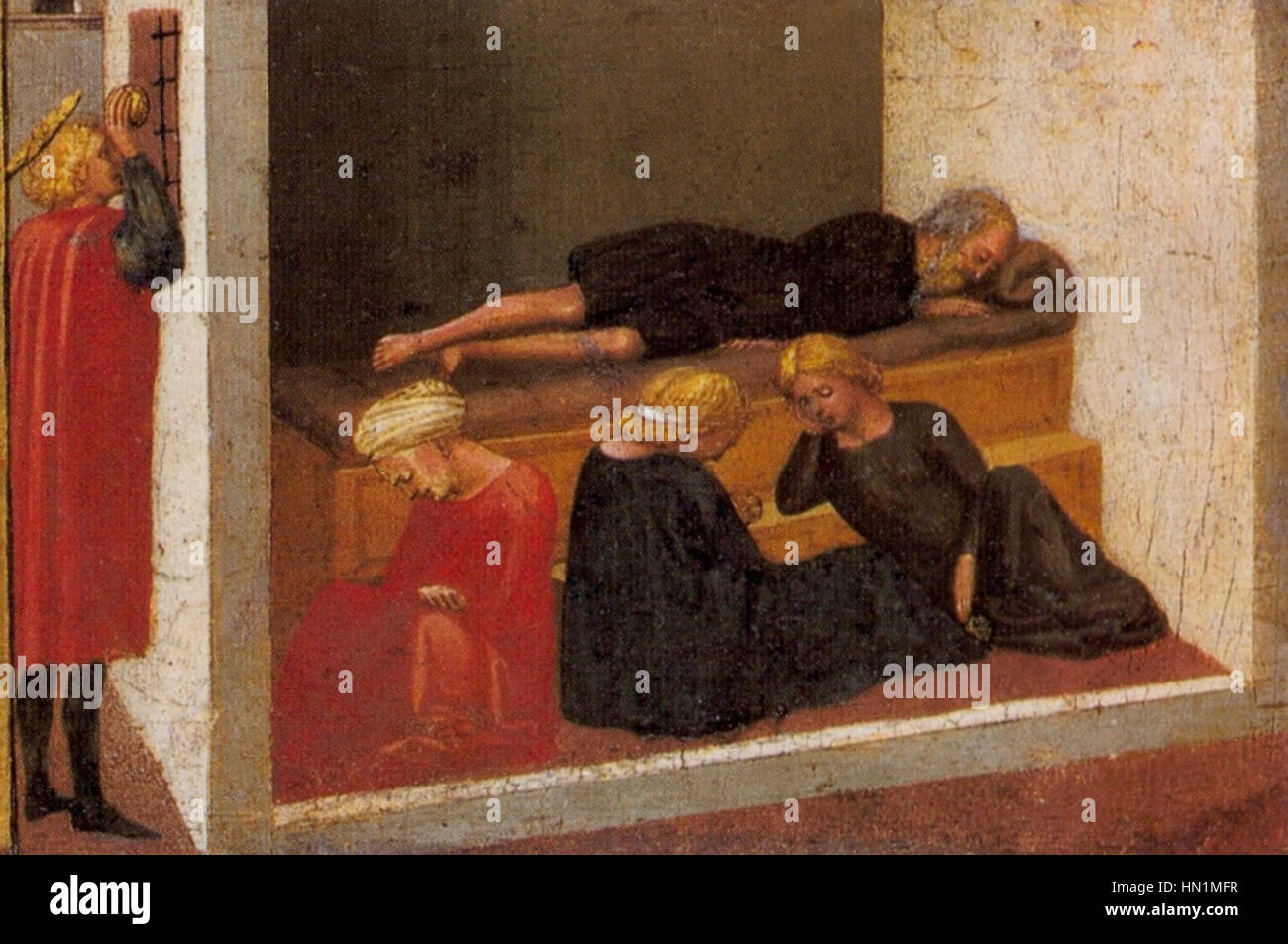 Masaccios „Geschichten von St. Julian und St. Nikolaus“ (1426) in Berlin-Dahlem zeigt Szenen aus dem Leben der beiden Heiligen. Seine Beherrschung der Perspektive und des Naturalismus erweckt diese religiösen Erzählungen zum Leben und markiert eine Schlüsselentwicklung in der Malerei der frühen Renaissance. Stockfoto