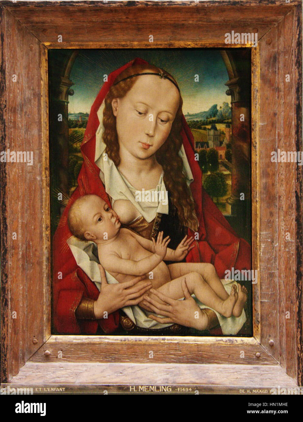 „Memling-MaredeDeu-nen-Brussels“ bezieht sich auf Werke von Hans Memling, einem flämischen Maler, der für seine detaillierten religiösen Gemälde während der Nördlichen Renaissance bekannt ist, oft mit Brüssel in Verbindung gebracht. Stockfoto