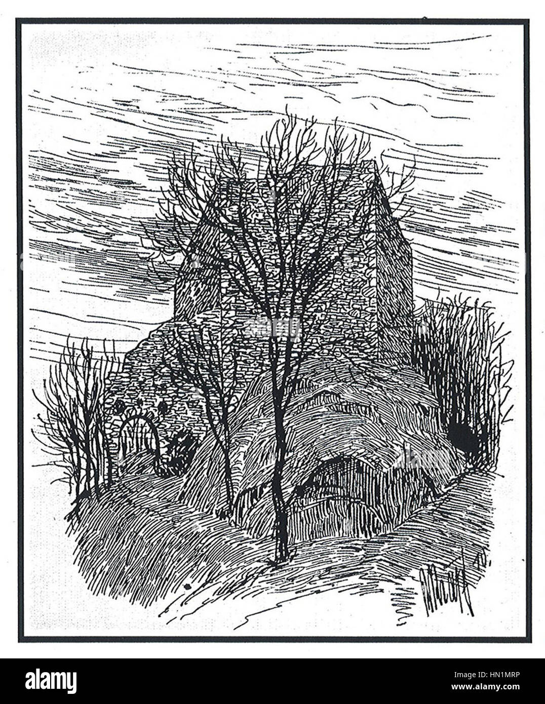 Die Burg Marenberg, die 1910 gemalt wurde, spiegelt die Pracht mittelalterlicher Architektur wider. Das Kunstwerk fängt die imposante Präsenz des Schlosses und seine historische Bedeutung in der Landschaft ein. Stockfoto