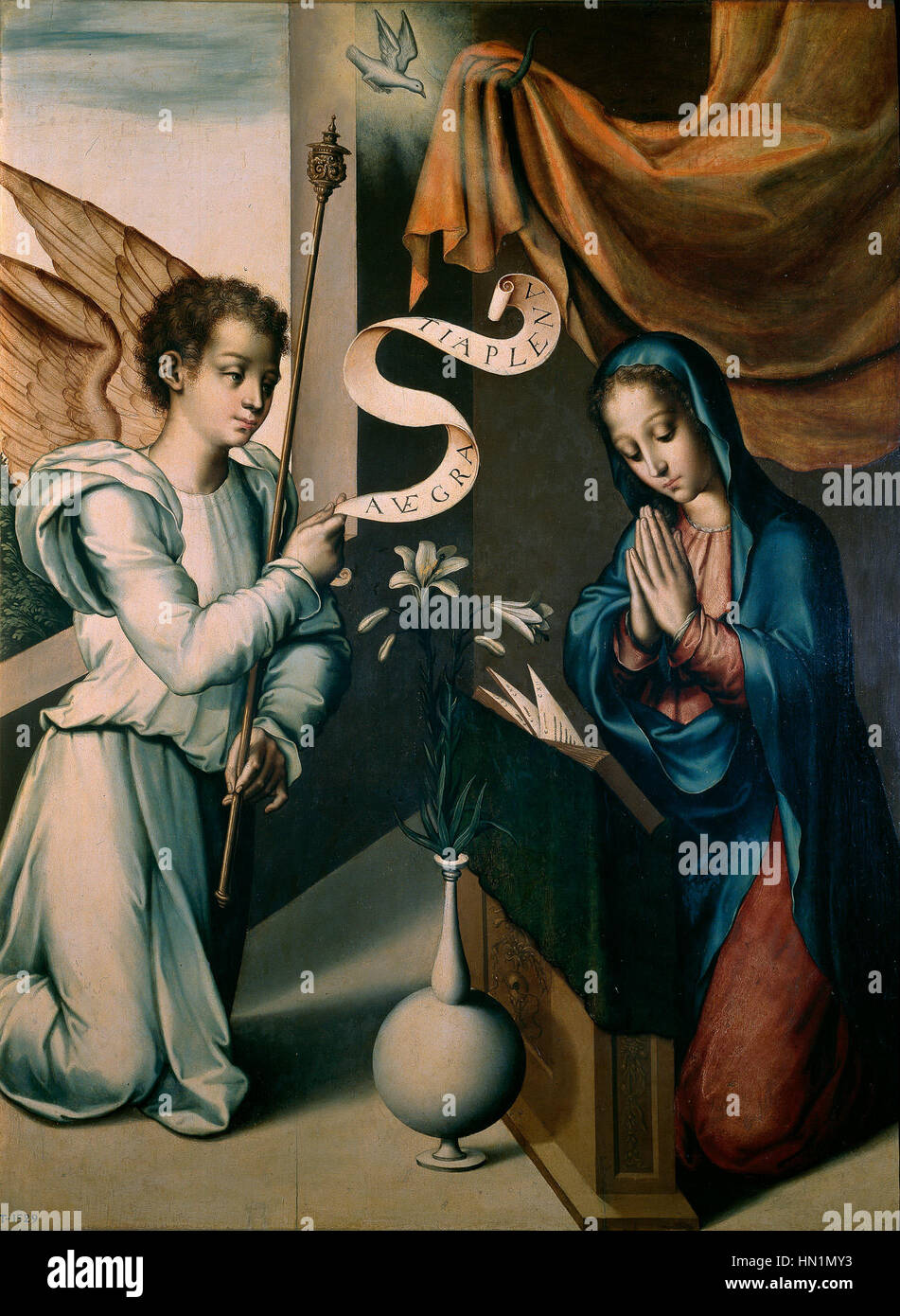 Luis de Morales’ Gemälde spiegelt seine Meisterschaft der religiösen Kunst wider, insbesondere seine Arbeit über die Darstellung von Heiligen und biblischen Figuren. Morales ist bekannt für seine emotionalen und hingebungsvollen Werke und fängt eine tiefe spirituelle Atmosphäre ein. Stockfoto