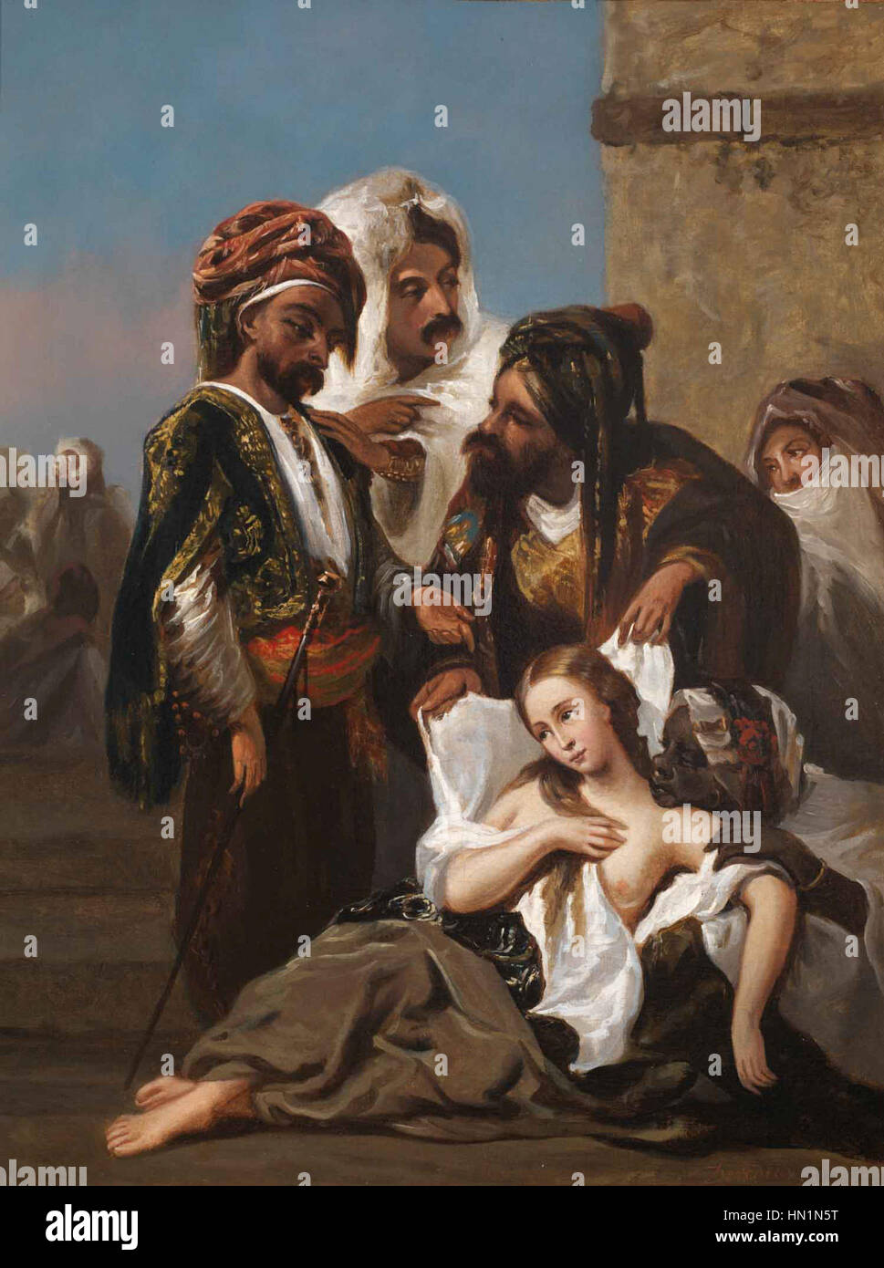 „La présentation de l'esclave blanche“ von Louis devedeux zeigt eine dramatische Szene eines weißen Sklaven, der in einer öffentlichen oder königlichen Umgebung präsentiert wird. Das Kunstwerk reflektiert die komplexen Themen Sklaverei, rassische Identität und gesellschaftliche Wahrnehmungen in historischen Kontexten. Stockfoto