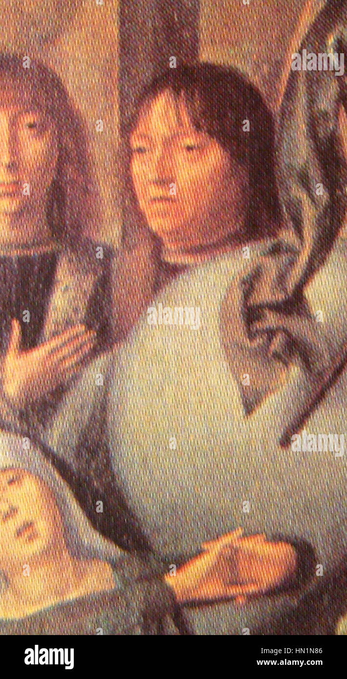 Das Triptychon des heiligen Jerome in seiner Studie von Hans Memling ist ein bekanntes religiöses Werk, das den heiligen Jerome, eine wichtige christliche Figur, beim Studium heiliger Texte zeigt. Das Triptychon-Format ermöglicht eine detaillierte Darstellung von Jeromes intellektuellen Bestrebungen und der friedlichen Atmosphäre seines Studiums, typisch für die Kunst der nördlichen Renaissance. Stockfoto