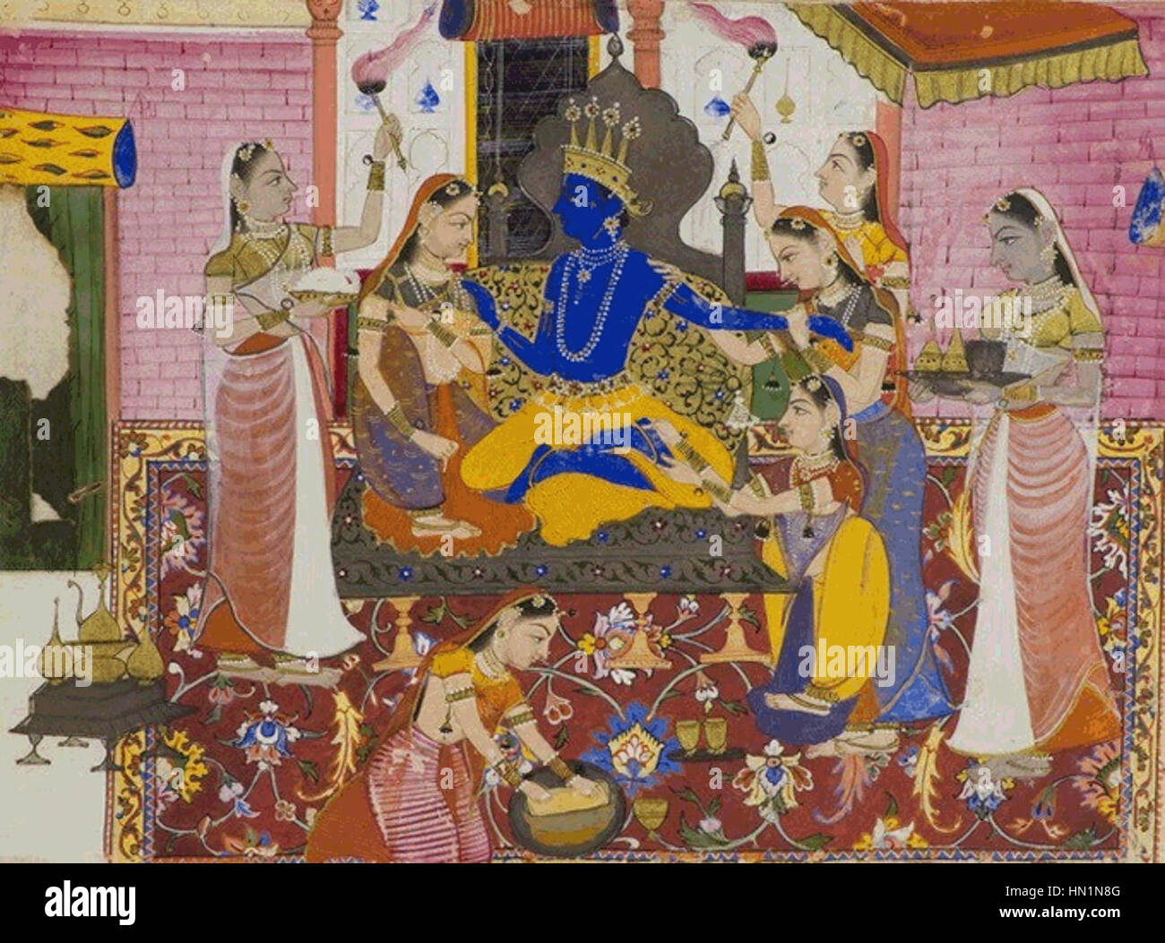 Lord Krishna inthronisiert und verehrt Stockfoto