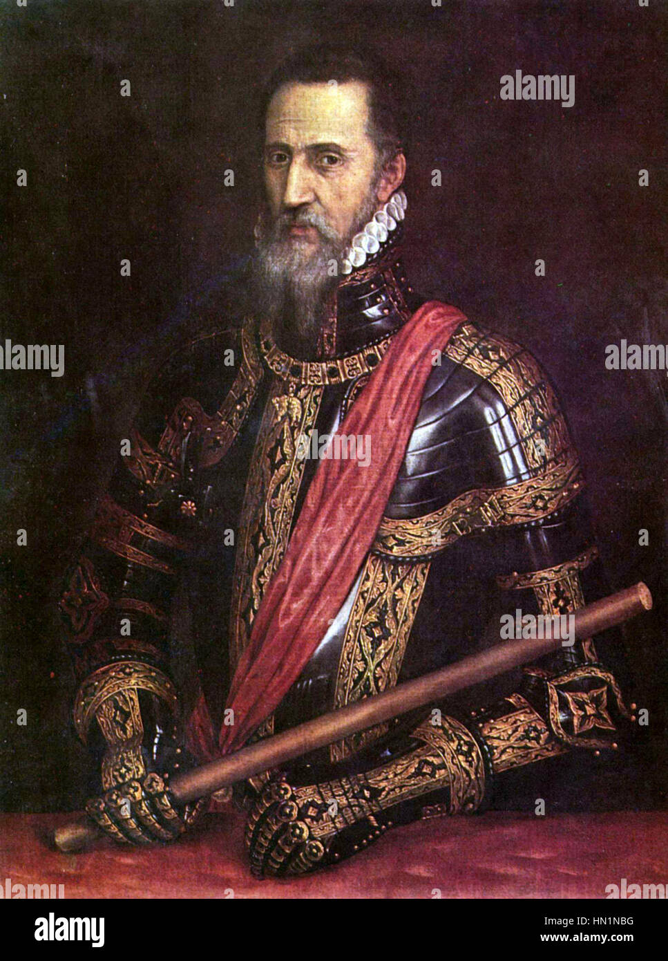 Dieses Kunstwerk, das Tizian (Tiziano Vecellio) zugeschrieben wird, zeigt die charakteristische Verwendung lebendiger Farben und Kompositionen des venezianischen Renaissancemeisters. Das Gemälde veranschaulicht sein Geschick in der Darstellung von Licht und Schatten sowie seine Beherrschung der menschlichen Form und dramatischen Erzählungen. Stockfoto