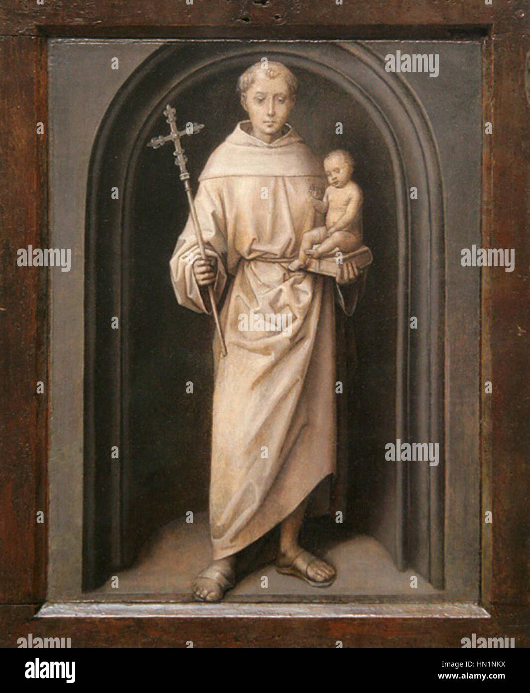 Memlings Gemälde „Antoni Padua“ stellt den heiligen in einem für die religiöse Kunst der Frührenaissance typischen Andachten dar. Memling ist bekannt für seine detailreichen Arbeiten und fängt den ruhigen Ausdruck des heiligen und die spirituelle Atmosphäre der Szene ein. Stockfoto