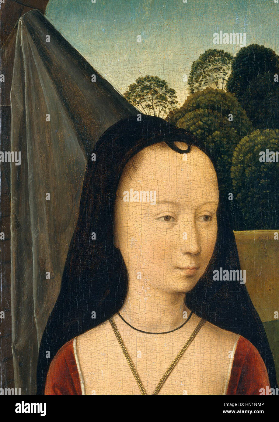 Hans Memlings „Diptychon mit dem Allegorie der wahren Liebe“ zeigt eine detaillierte Darstellung zweier Panels, wobei die Allegorie die Tugenden der wahren Liebe betont. Memling ist bekannt für seinen komplizierten Stil und verwendet Symbolismus und reiche Farben, um die komplexe Erzählung zu veranschaulichen und konzentriert sich dabei auf die Liebe als zentrales Thema im Kontext der Renaissance-Kunst. Stockfoto