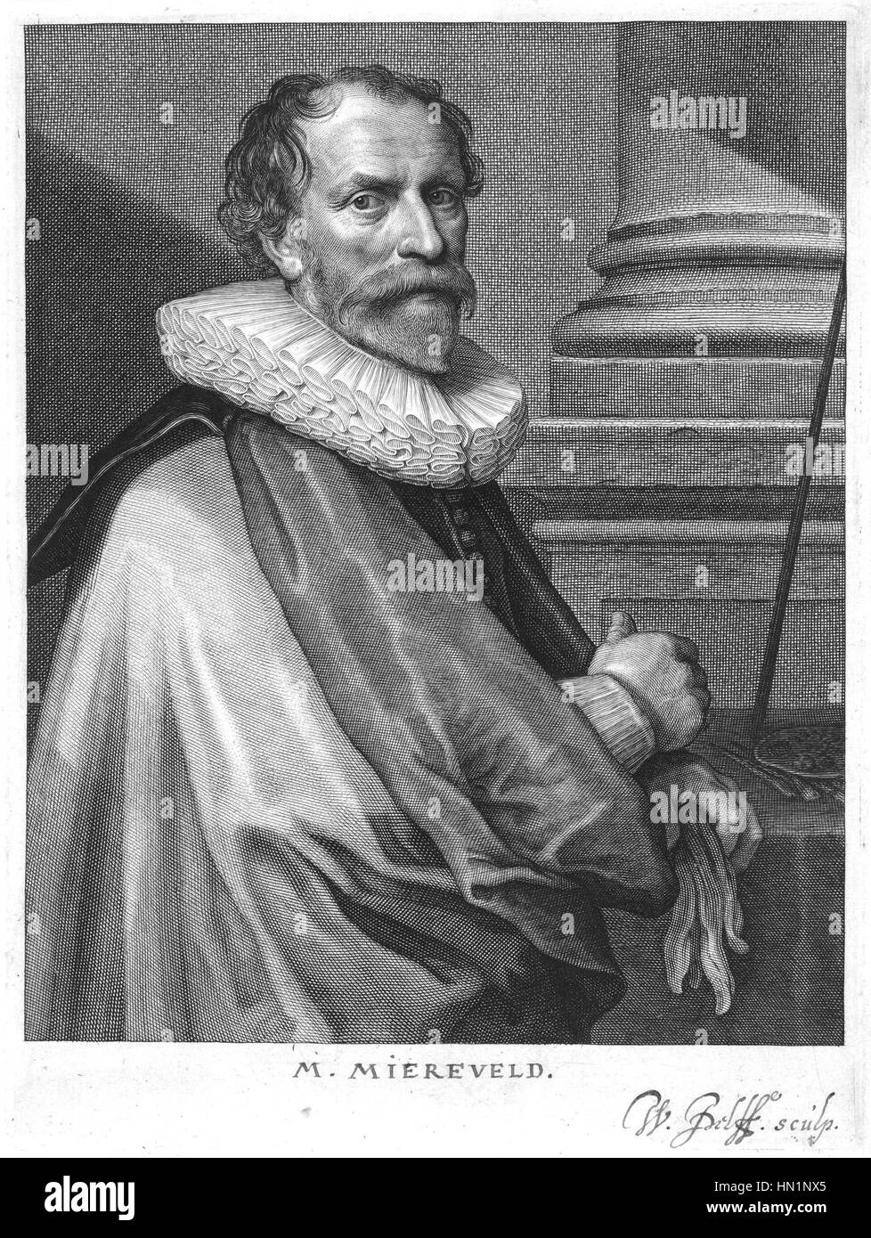 Dieses Porträt von Michiel Jansz Mierevelt, das Willem Jacobsz Delff zugeschrieben wird, fängt ein formales Bild einer historischen Figur ein und fokussiert sich auf realistische Gesichtszüge und Porträttechniken der Renaissance. Stockfoto