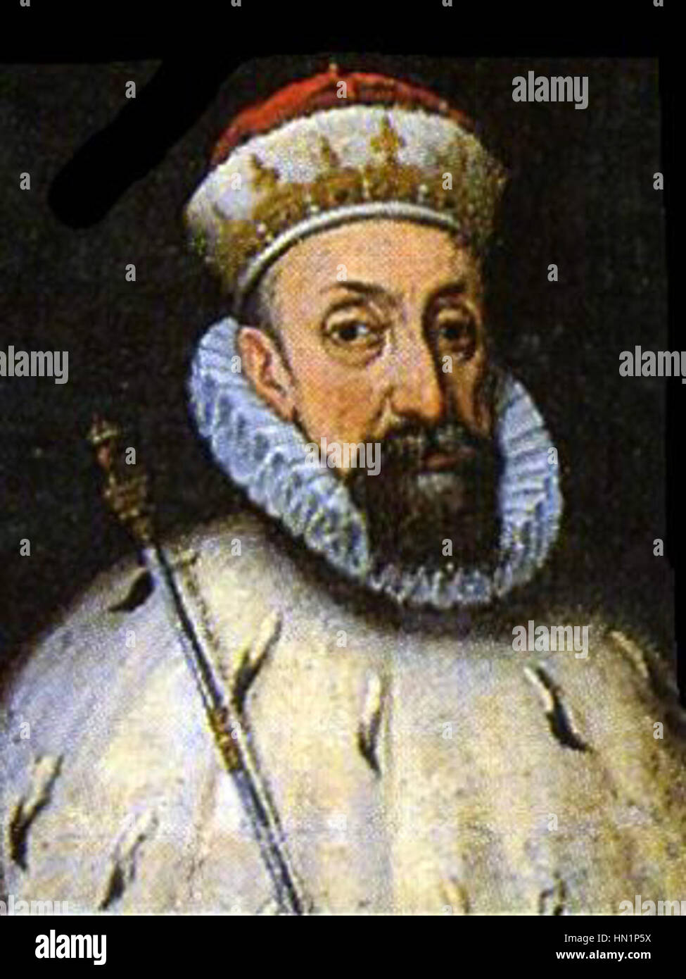 Luca Grimaldi de Castro war der Doge von Genua, und sein Porträt unterstreicht seine Rolle als Führer der Republik Genua. Das Gemälde zeigt seine Führung und sein aristokratisches Ansehen im Kontext der italienischen Politik des 17. Jahrhunderts. Stockfoto