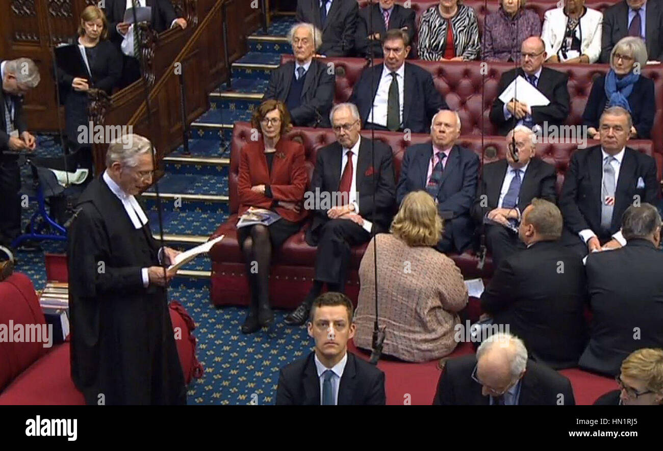 Der Lord Speaker, Herrn Fowler, spricht im House Of Lords, London, wo er Kollegen erzählt, dass er ein "open Mind" über jede Anfrage von US-Präsident Trump, Parlament zu sprechen, "ob und wann es gemacht wird" halten würde. Stockfoto