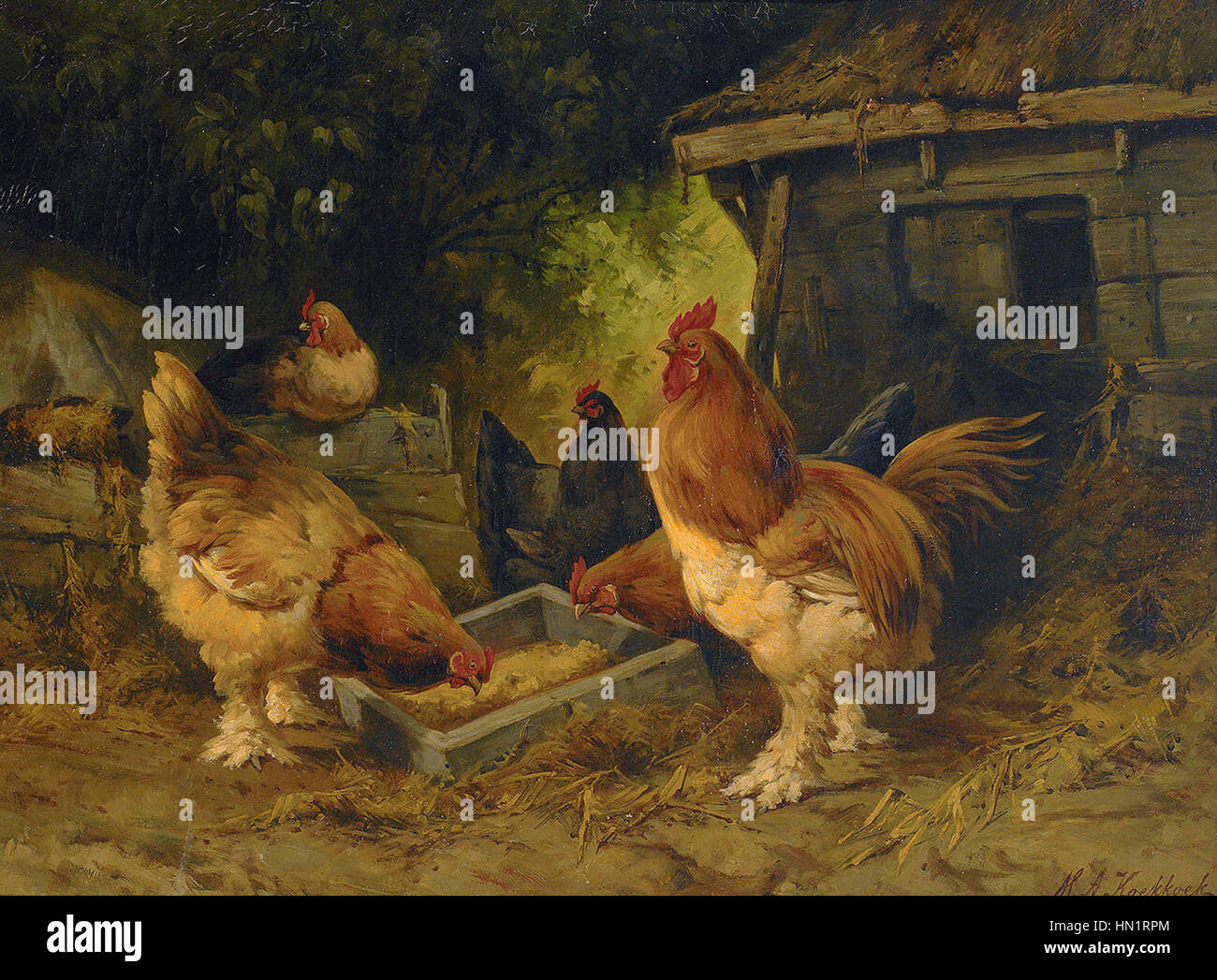 „In the Chicken Yard“ von Marinus Adrianus Koekkoek zeigt das ländliche Leben mit detaillierter Darstellung einer Bauernhofszene, die den niederländischen Realismus des 19. Jahrhunderts widerspiegelt. Stockfoto