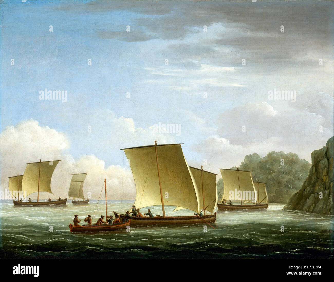 „Luxenborough Arrival at Newfoundland“ zeigt einen historischen Moment der Ankunft in Neufundland. Das Kunstwerk fängt das zerklüftete Gelände und die ersten Interaktionen der Siedler mit dem Land ein. Stockfoto