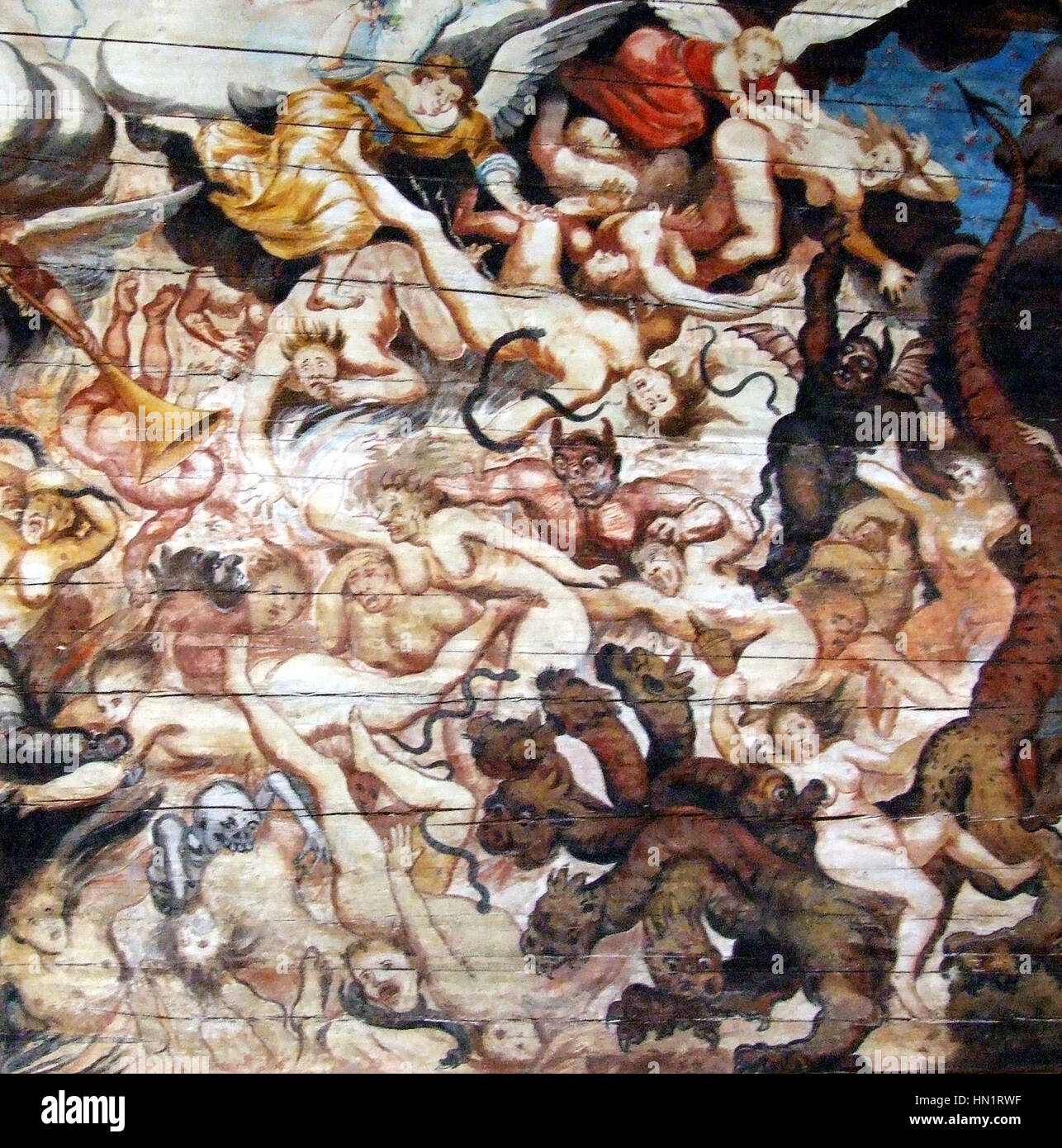 Mikael Toppelius' Gemälde der Haukipudas-Kirche zeigt den einzigartigen architektonischen Stil dieser finnischen Kirche, der lokale Traditionen mit kirchlichem Design aus dem 19. Jahrhundert verbindet. Stockfoto