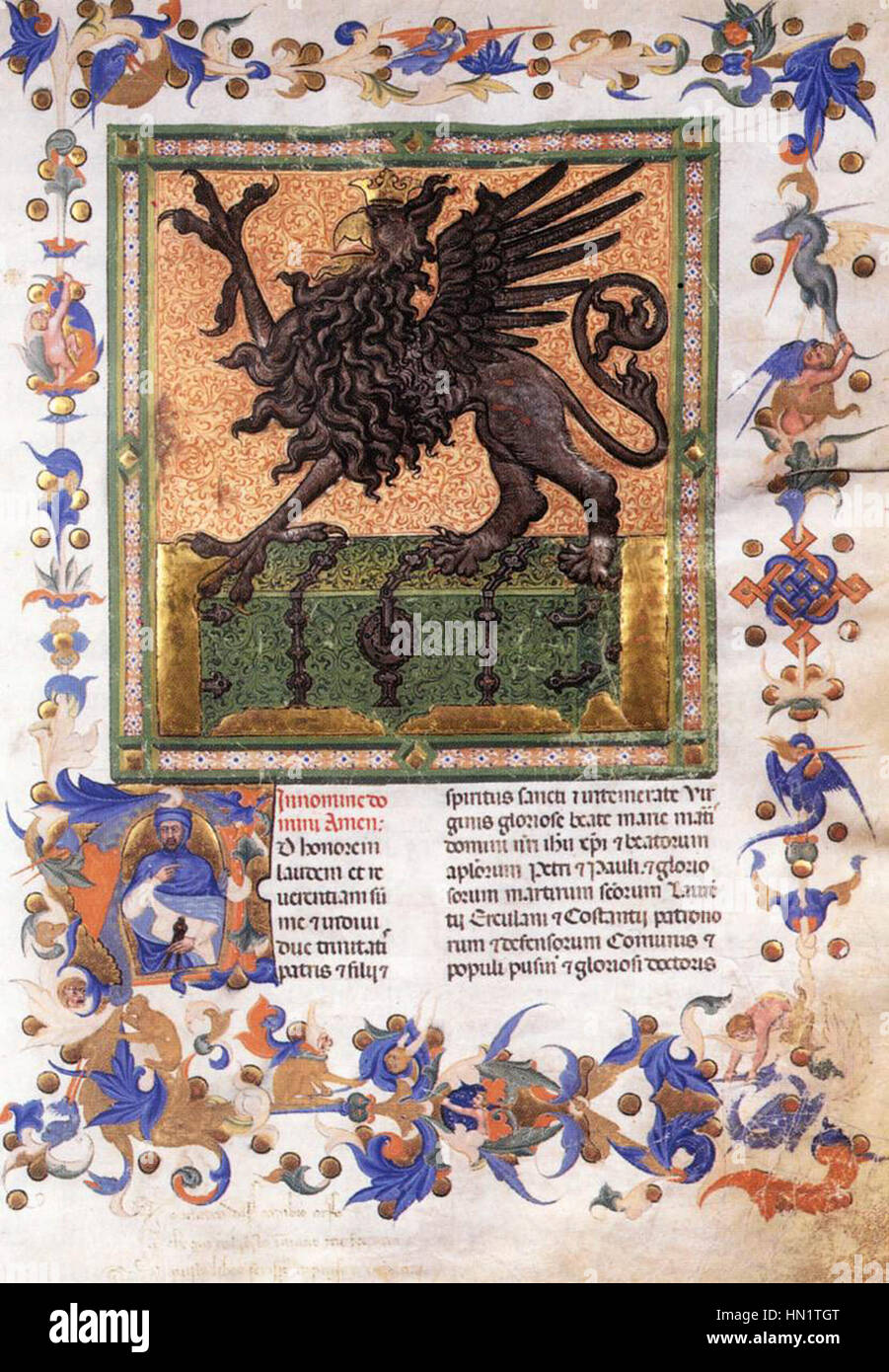 Eine Frontispiz-Illumination von 1377 von Matteo Di Ser Cambio, einem italienischen Künstler, für das Collegio del Cambio in Perugia. Stockfoto