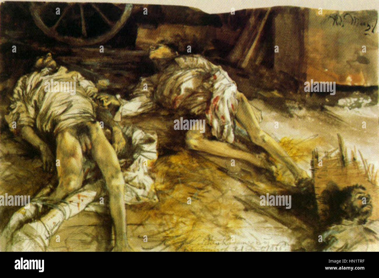 In „drei gefallene Soldaten in einer Scheune“ (1866) stellt Menzel drei gefallene Soldaten in einer Scheune dar. Das Stück fängt die krasse Realität des Krieges und die tragischen Folgen der Schlacht auf düstere und realistische Weise ein. Stockfoto