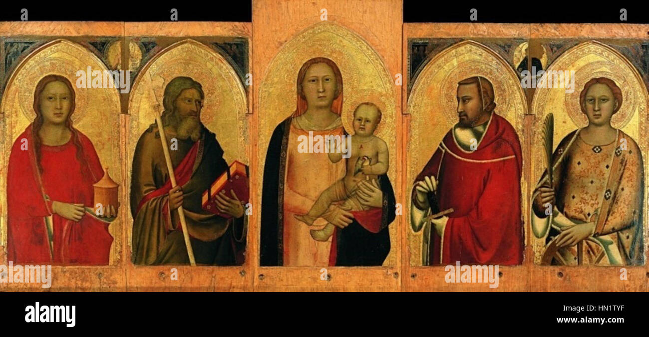 Maso di Bancos Werke sind bekannt für ihre detaillierte und ausdrucksstarke Darstellung religiöser Themen, die durch einen starken Einsatz von Farbe und Form gekennzeichnet sind. Seine Kunst ist ein bedeutender Beitrag zur Malerei der frühen italienischen Renaissance. Stockfoto