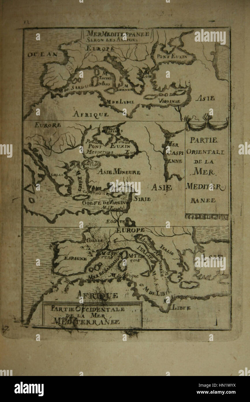 Diese Karte aus dem Jahr 1685 von Alain Manesson Mallet’s „Description de l’Universe“ zeigt die östliche Mittelmeerregion und bietet eine detaillierte geografische Darstellung des Gebiets im späten 17. Jahrhundert. Stockfoto