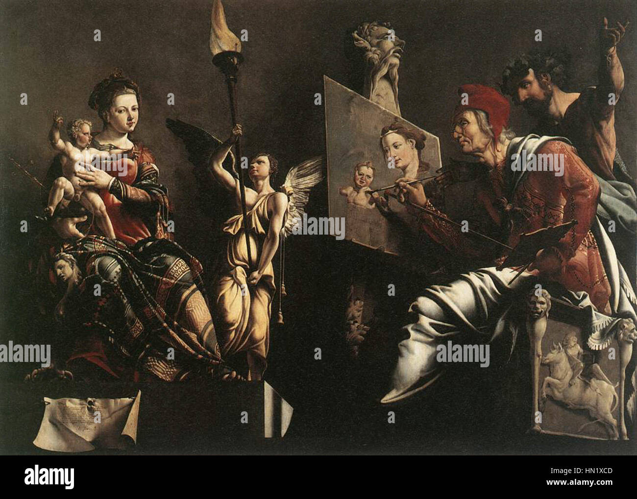 Lukas-Gemälde die Jungfrau und das Kind von Maarten van Heemskerck zeigt die biblische Szene des Lukas, die ein Bild der Jungfrau Maria und des Jesuskindes darstellt. Die detaillierte Komposition unterstreicht die Interaktion zwischen dem Künstler und seinem Motiv, wobei der Schwerpunkt auf den ruhigen Ausdrücken und der Heiligkeit des Augenblicks liegt. Stockfoto