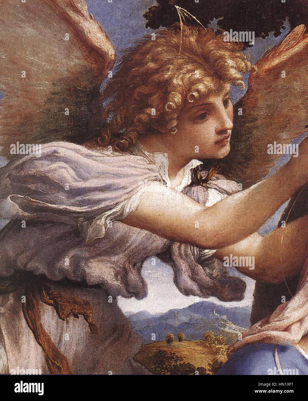 Lorenzo Lottos „Madonna und Kind mit Heiligen und einem Engel“ ist eine detaillierte Darstellung der Jungfrau Maria und des Kindes, umgeben von Heiligen und einem Engel. Das Kunstwerk veranschaulicht die Techniken der Renaissance, wobei Naturalismus und religiöser Symbolismus betont werden. Stockfoto