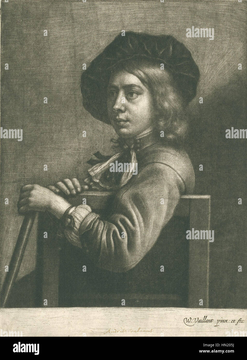 Wallerant Vaillants Mezzotint-Werk zeigt seine Beherrschung der Druckerei, eine Technik, die reiche tonale Variationen produziert. Dieses besondere Stück zeigt wahrscheinlich ein Porträt oder eine Szene mit feinen Details, typisch für Vaillants nuancierten Umgang mit Mezzotint. Stockfoto