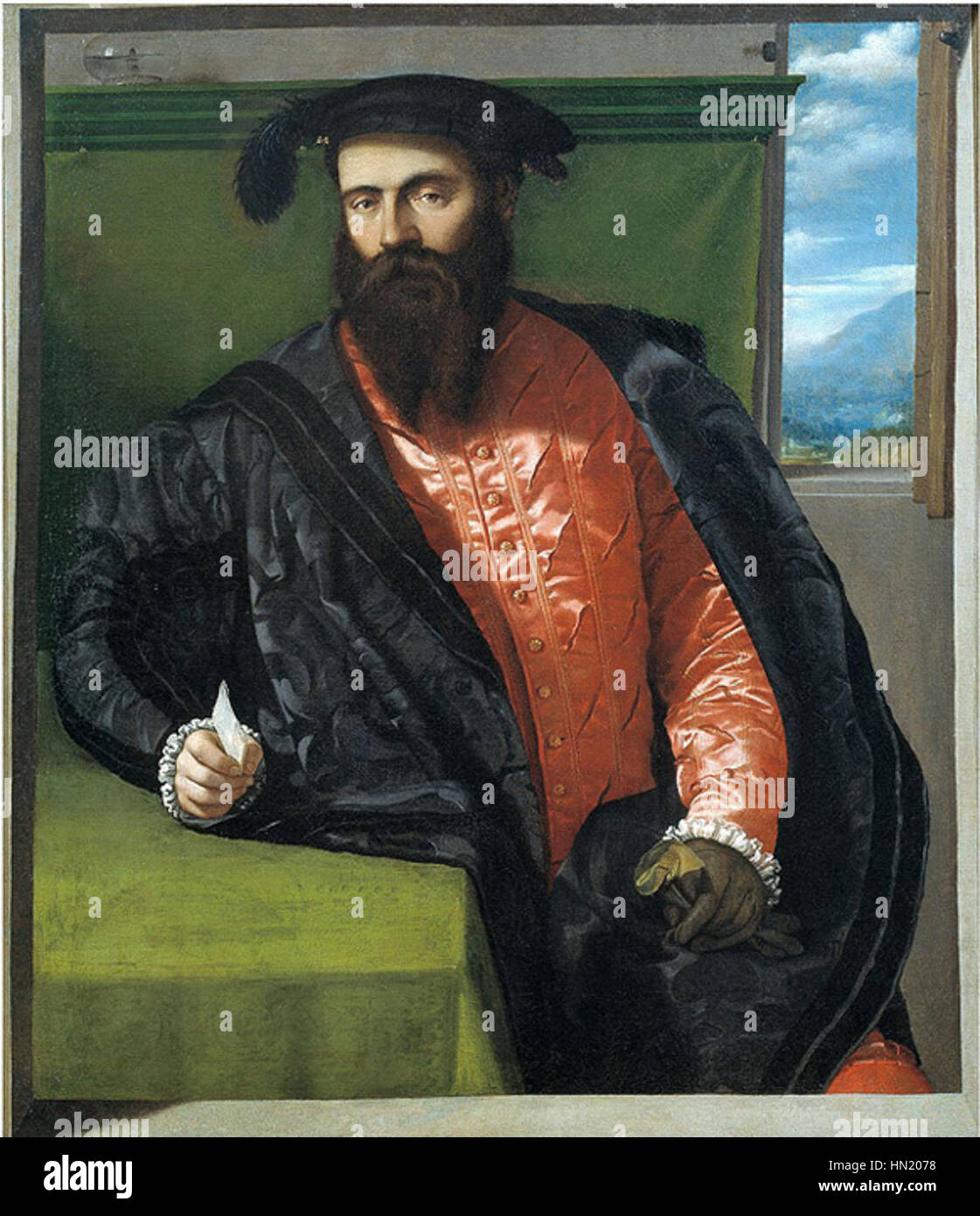 Dieses Kunstwerk von Moretto da Brescia zeigt ein religiöses oder historisches Thema, typisch für seinen italienischen Renaissance-Stil aus dem 16. Jahrhundert. Sein Werk ist bekannt für seine emotionale Tiefe und die detaillierte Darstellung von Figuren. Stockfoto