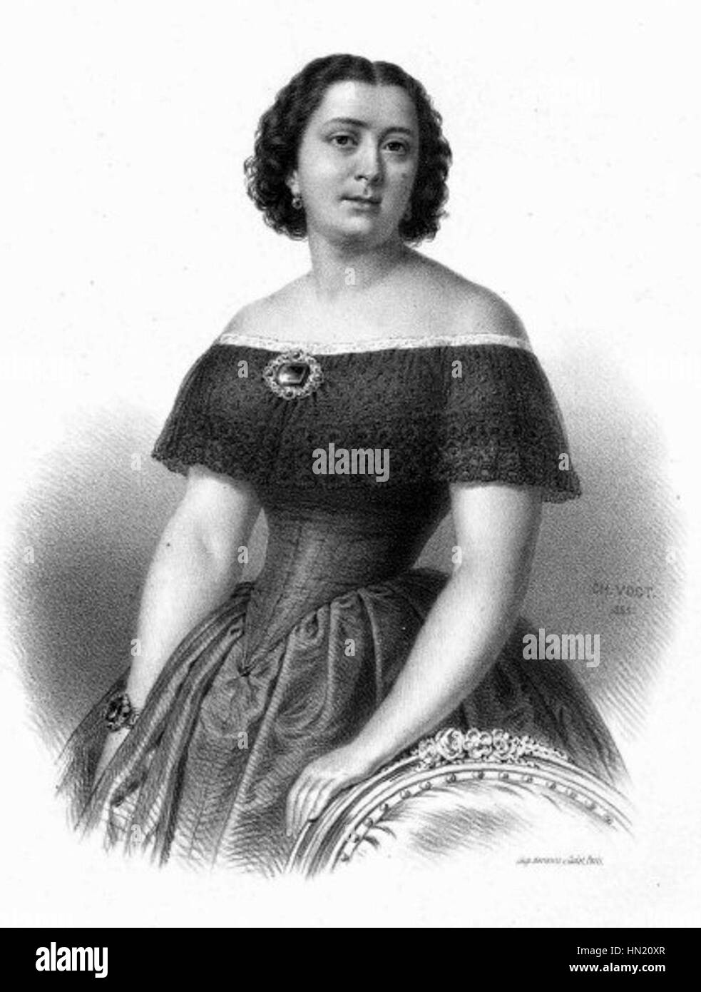 Dieses Porträt von Charles Vogt fängt Marietta Alboni ein, eine italienische Opernsängerin, die für ihre kraftvolle Stimme und Rolle in der Opernszene des 19. Jahrhunderts bekannt ist. Alboni war bekannt für ihre Auftritte und ihre Gesangskünste, oft trat sie in großen europäischen Opernhäusern auf. Stockfoto