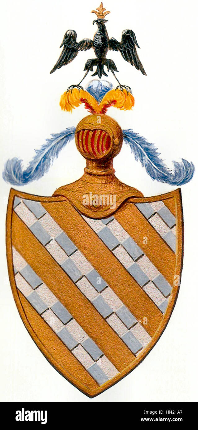 Der Wappen Marenzi bezieht sich auf ein Familienwappen aus dem 13. Jahrhundert, das die Familie Marenzi repräsentiert. Dieses heraldische Symbol ist ein bedeutendes Artefakt des mittelalterlichen europäischen Adels. Stockfoto