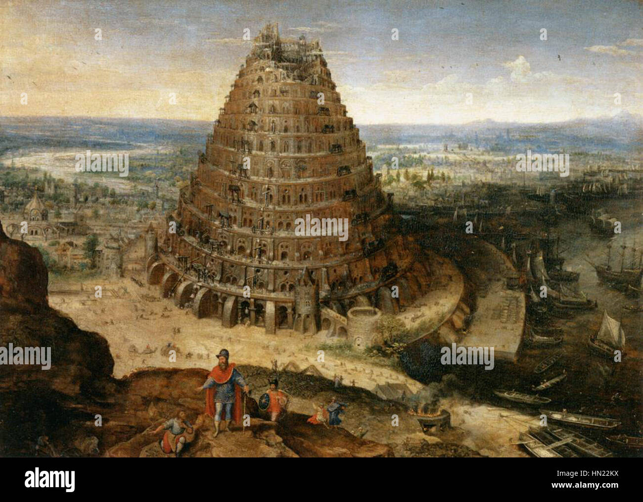 „Der Turm von Babel“ von Lucas van Valkenborch zeigt die biblische Geschichte über den Bau des Turms von Babel. Das Gemälde fängt den großen Umfang der Konstruktion und die menschliche Anstrengung der mythischen Geschichte ein. Stockfoto