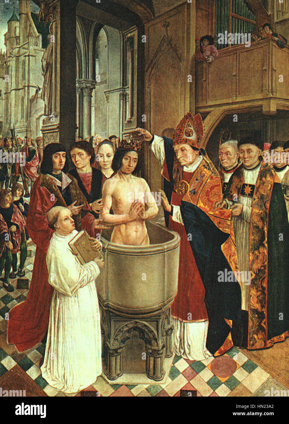 „Die Taufe von Clovis“ des Meisters von Saint Gilles ist ein religiöses Kunstwerk, das die Konvertierung von König Clovis I. der Franken zum Christentum darstellt. Das Gemälde fängt den historischen Moment mit einem Fokus auf die spirituelle Bedeutung des Ereignisses ein und betont die Rolle der Religion im frühen Mittelalter. Stockfoto