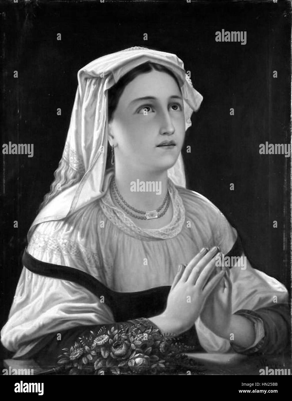 „Taranca italiana (Rugaciunea)“ von Misu Popp stellt eine italienische Bauernfrau im Gebet dar und fängt die stille Hingabe und ländliche Spiritualität ein. Das Gemälde spiegelt die Einfachheit und Hingabe des ländlichen Lebens in Italien wider. Stockfoto