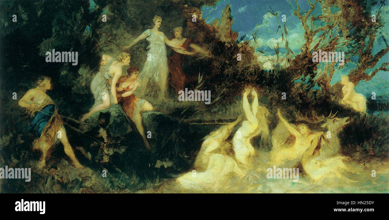 Makarts *die Jagd der Diana* ist eine dynamische Darstellung der römischen Göttin Diana, umgeben von ihrem Gefolge. Das Gemälde zeigt das mythologische Thema der Jagd, mit Schwerpunkt auf Bewegung und dramatischer Komposition. Das Kunstwerk veranschaulicht den opulenten und kunstvollen Stil des späten 19. Jahrhunderts. Stockfoto