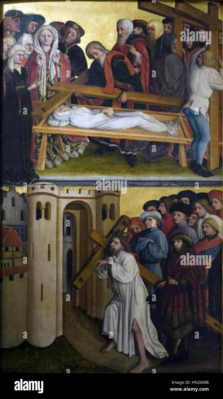 Die Multscher-Tafel ist ein historischer Altar im Ulmer Museum. Es zeigt religiöse Themen, die typisch für die Gotik sind, mit detaillierter Handwerkskunst und lebendiger Erzählung durch Ikonographie. Stockfoto