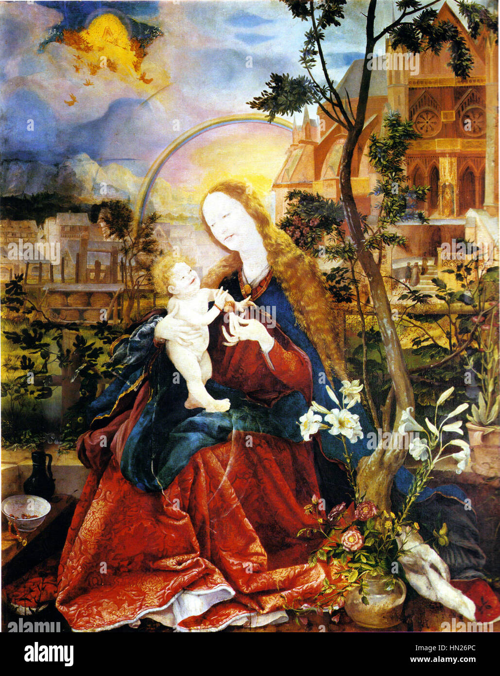Maria mit Kind von Matthias Grünewald ist ein religiöses Kunstwerk, das die Jungfrau Maria mit dem Jesuskind darstellt. Das Stück von 1519 fängt die Zärtlichkeit und Ehrfurcht der heiligen Figuren ein, typisch für Grünewalds emotional aufgeladene religiöse Kunst. Stockfoto