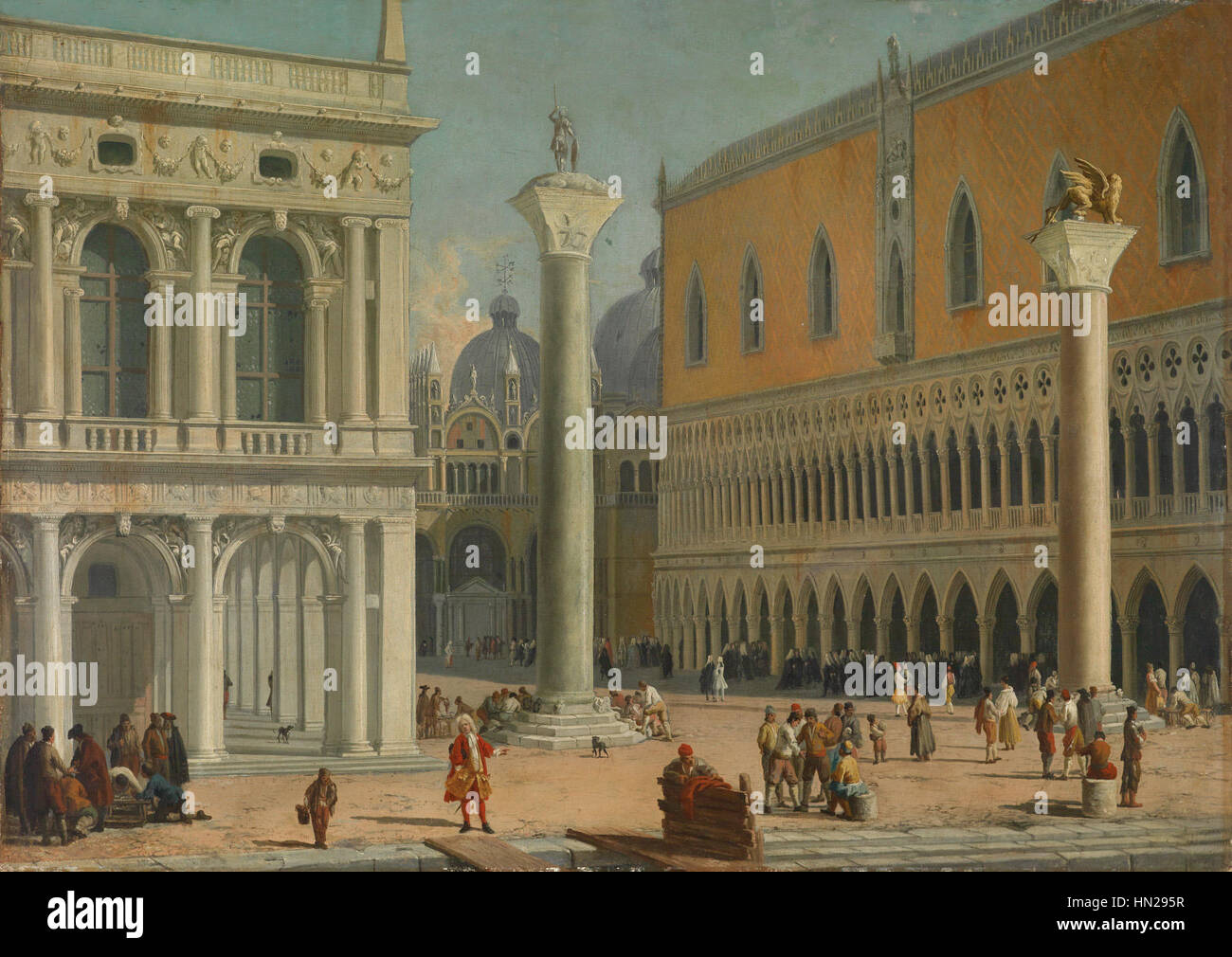 Luca Carlevarijs' 'Piazzetta San Marco' zeigt den berühmten Platz in Venedig und zeigt die großen architektonischen und kulturellen Wahrzeichen, die das historische Zentrum der Stadt bestimmen. Das Kunstwerk beleuchtet die pulsierende Aktivität und das urbane Leben Venedigs im 18. Jahrhundert. Stockfoto