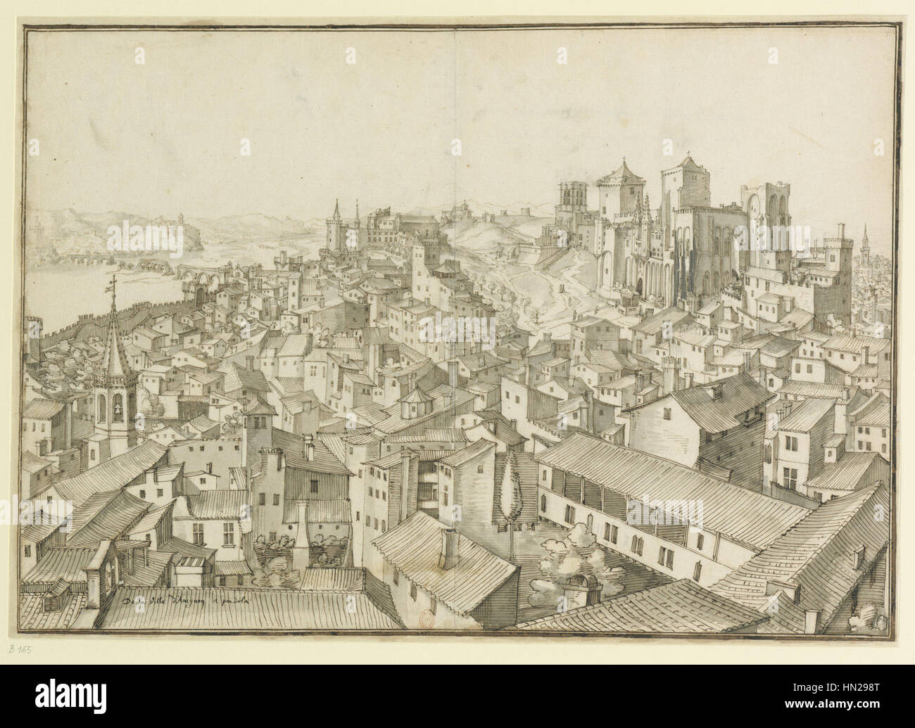 Eine Ansicht aus dem 17. Jahrhundert von Avignon, von Étienne Martellange, einem französischen Künstler, mit Blick nach Norden über die Dächer vom Turm des Rathauses aus, mit dem Palais des Papes oben rechts und der Ruine der Pont Saint-Bénézet oben links. Stockfoto