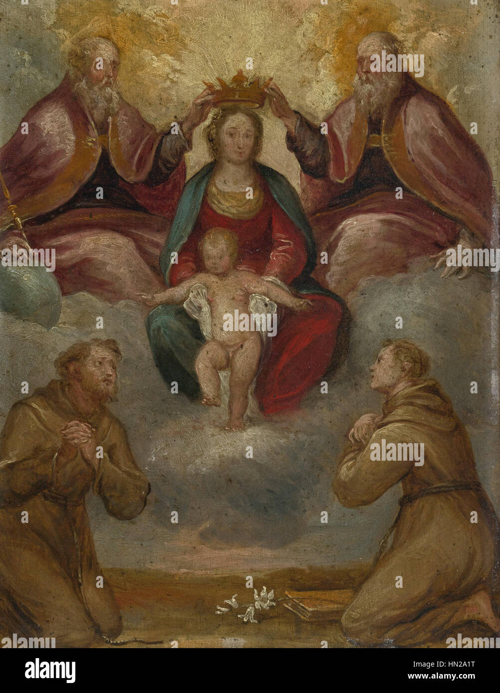 Madonna mit Kind von der Dreifaltigkeit und angebetet von Franziskanischen Heiligen gekrönt Stockfoto