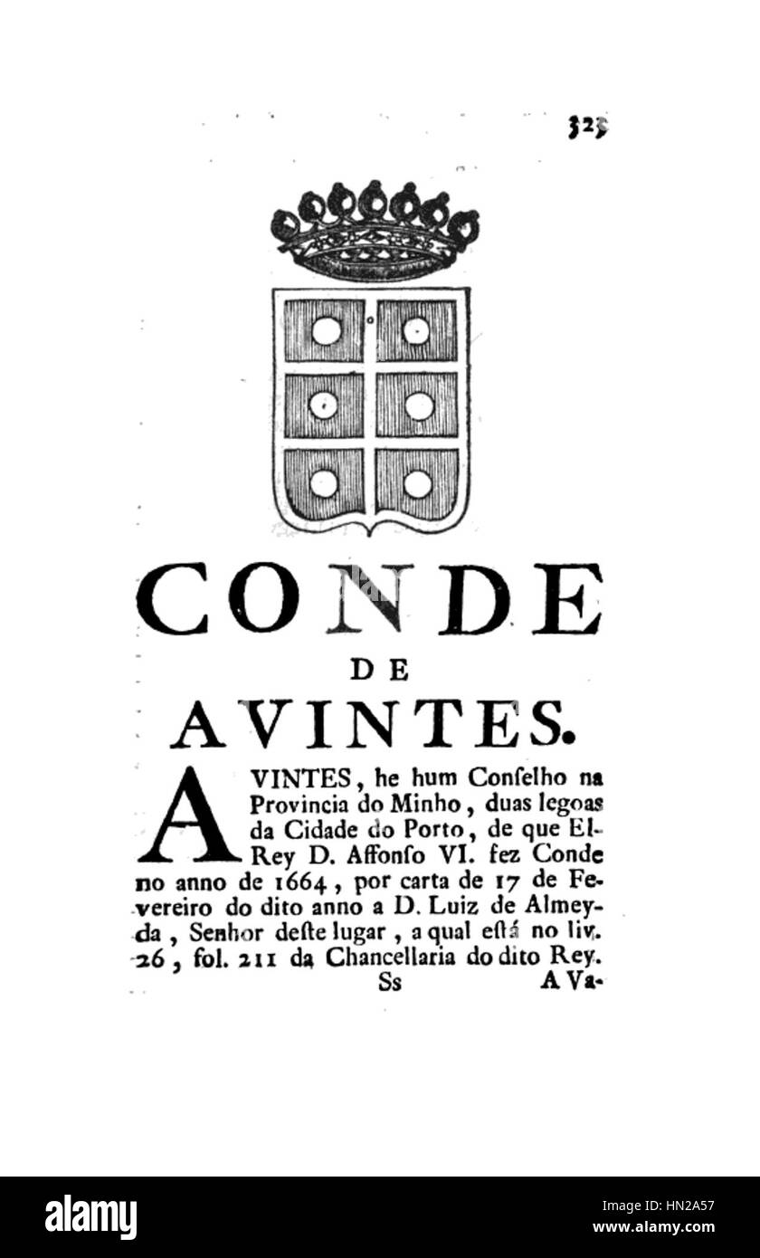 „Memórias Históricas e Genealógicas dos Grandes de Portugal“ ist eine genealogische Darstellung der portugiesischen Aristokratie, die sich auf die Abstammung und die historische Bedeutung des Conde de Avintes konzentriert. Das Werk bietet Einblick in Adelsfamilien und ihre Rolle in der Geschichte Portugals. Stockfoto